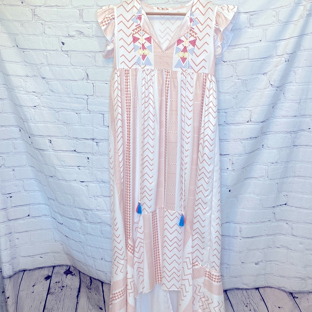 Women's Tan White Maxi Tassel Dress Size Small Excellent Condition
